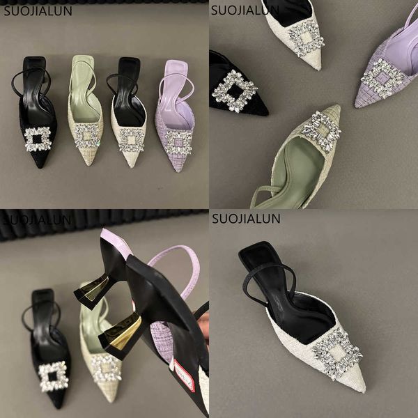 Сандалии весна новая бренда женщины сандал Fashon Thin High Helies Elegant Slingback Crystal Crystal Buckle Plord 230316