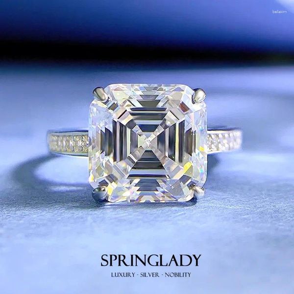 Küme Yüzükleri Springlady 925 STERLING Gümüş 10mm Emerald Kesim Simüle Elmaslar Taş Aly Bandı Romantik Yüzük Kadınlar için Güzel Takı