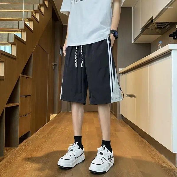 Shorts masculinos homens all-match streetwear estilo coreano side-stripe casual na altura do joelho retalhos harajuku baggy verão casal roupas
