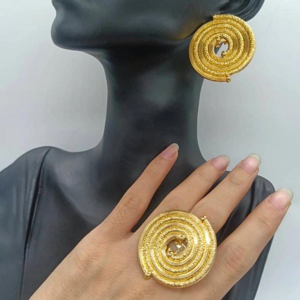 Colar brincos conjunto moda ouro cor jóias para senhoras 18k banhado e anel casamentos nupcial dubai presentes