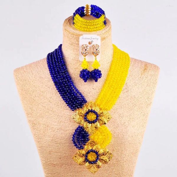 Collana di orecchini con set di gioielli da sposa nigeriani blu reale e giallo, perline di cristallo da matrimonio africano