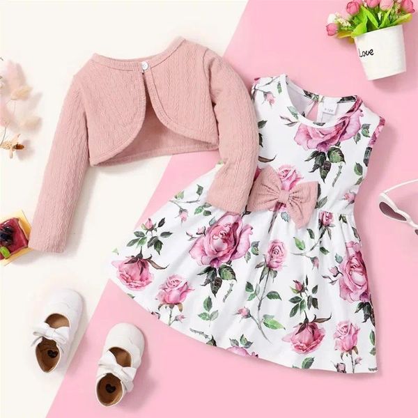 Conjuntos de roupas 0-3 anos criança bebê menina 2pcs vestido conjunto cor lisa com nervuras sobretudo floral sem mangas moda adorável estilo festa desgaste