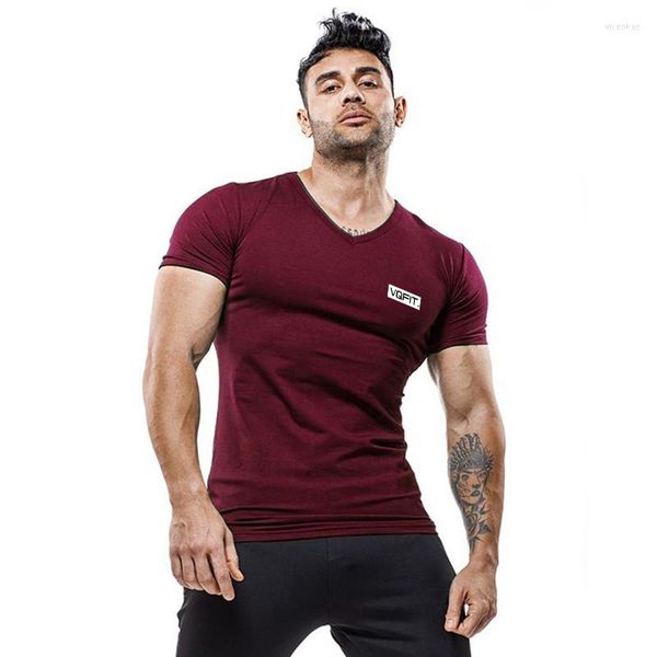 Camisetas masculinas de verão masculino algodão respirável slim fit manga curta de camiseta de ginástica musculação de fitnesstraining de ginástica de ginástica Moda casual em V