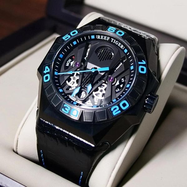Relógios de pulso recife Tiger/RT Men Limited Mecânica automática Relógio All Black Blue Skeleton Impermenda a água de 200m Relógios Relogio Masculino