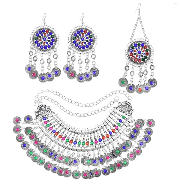 Комплект ожерелья и серег, винтажный цветной страз, монета для женщин, заколка для волос в этническом племени, афганская, турецкая, цыганская, себе