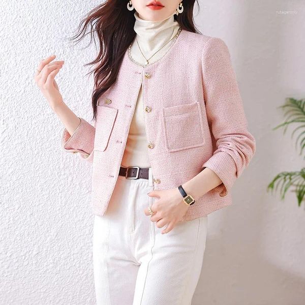 Jaquetas femininas Mulheres 2023 Outono Rosa Tweed Jaqueta Único Breasted O-pescoço Elegante Botão Dourado Bolso Simples Roupas de Lã