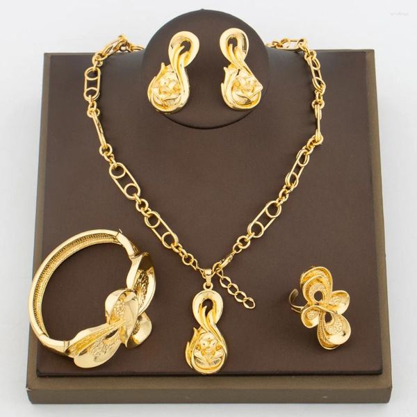 Collana di orecchini con set di gioielli africani color oro per ciondolo alla moda da sposa e con anello per bracciale, regali di gioielli di Dubai