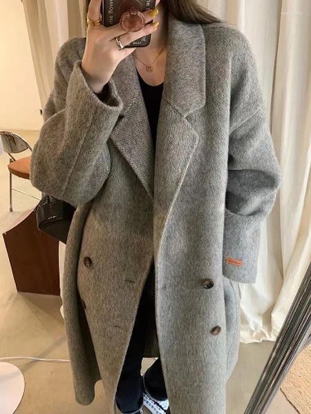 Coletes femininas Alpaca Cashmere Premium Cinza Dupla Face Casaco 2023 Outono e Inverno Soft Waxy Wool Jacket Mulheres