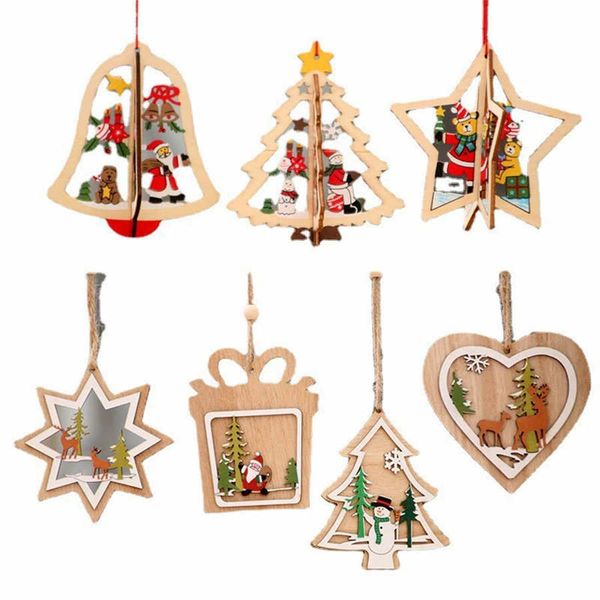 Enfeites de madeira de Natal para festa, decoração de casa, fatias penduradas 3D, estrela, boneco de neve, decoração com pingente de árvore de Natal