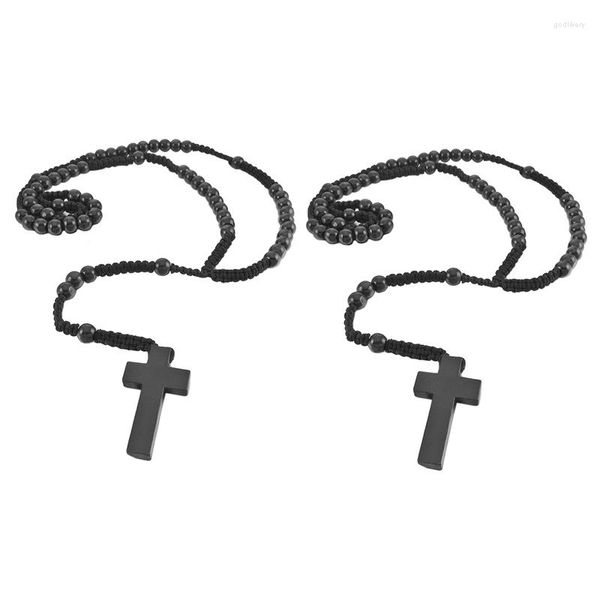 Цепи 2х деревянное подвесное ожерелье Черное крест -бусины ретро 24 дюйма Розария Цепь мужчина женщина