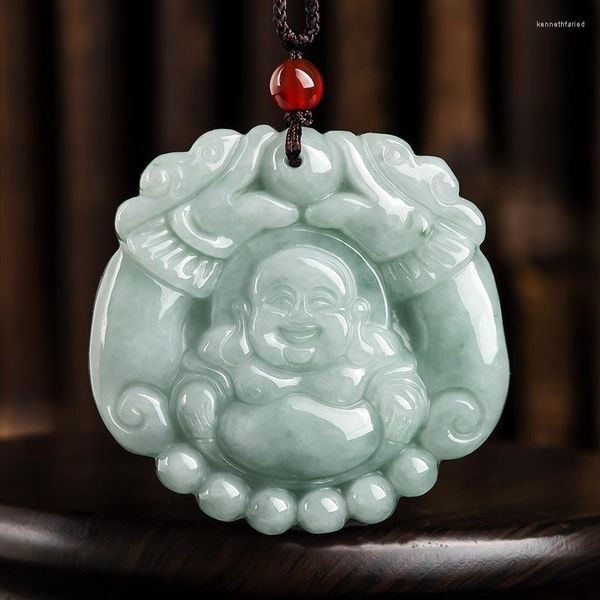 Anhänger Halsketten Double Dragon Maitreya Buddha Halskette Geschenkgutschein Natural A Jade