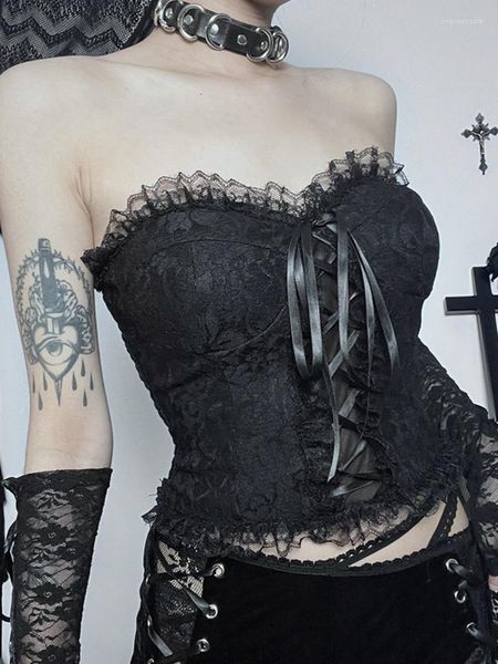 Canotte da donna Corsetto gotico con lacci Canottiere da donna Sexy Emo Mall Senza maniche Fasciatura senza spalline E Girl Hippie Party Grunge