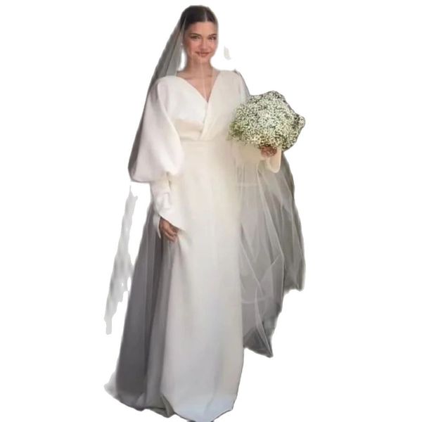 Semplici abiti da sposa a sirena con maniche a sbuffo pieghe in raso abito da sposa da giardino Sweep Train Plus Size Robe De Mariee