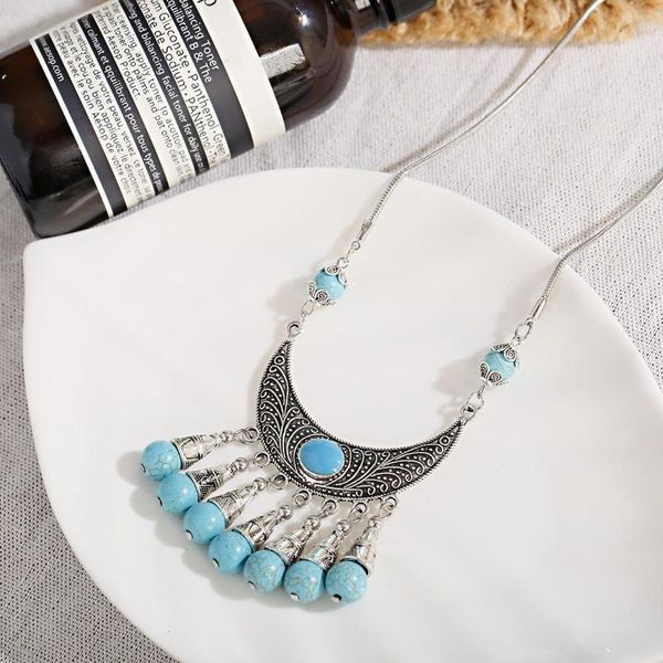 Colares pendentes boho vintage azul turqueises declaração de borla para mulheres joias de colar de pedra esculpida em cor de prata étnica esculpida