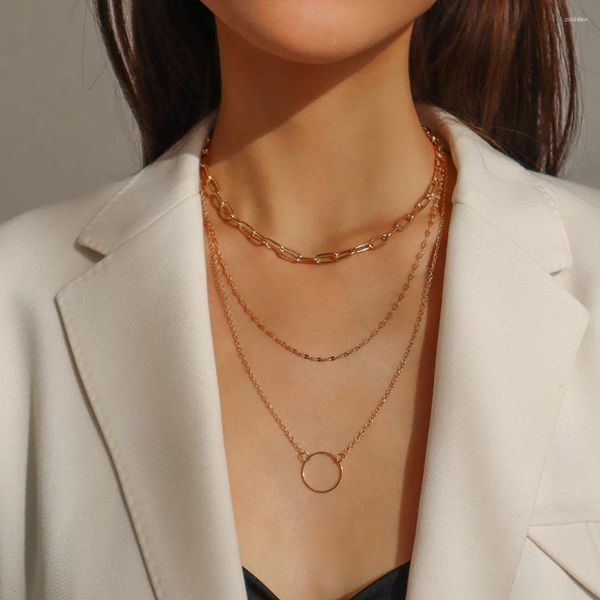 Colares de pingente de cor de ouro círculo colar para mulheres clavícula cadeia em camadas femininas 2023 moda jóias meninas presente simples
