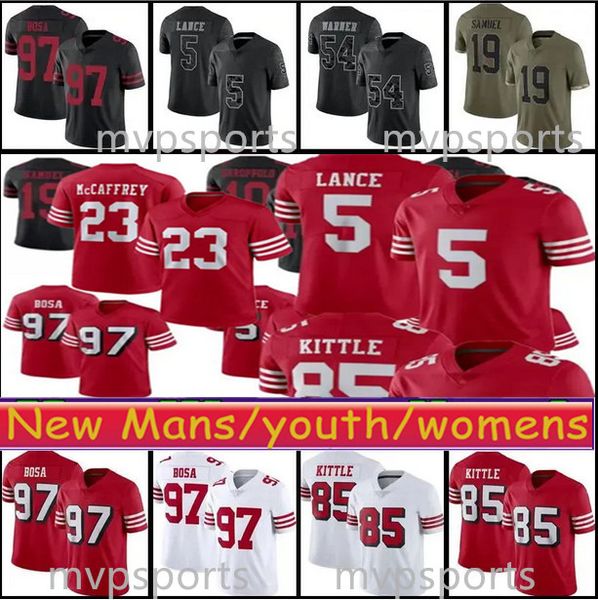 Christian McCaffrey Brock Purdy Futebol Jerseys Bosa George Kittle Deebo Samuel Fred Warner Montana Mens Mulheres Juventude Crianças Vermelho Branco Costurado