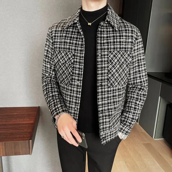 Herren Pelz Kunstpelz Einreihiger Trenchcoat Veste Homme Mode Retro Tartan Jacke Herbst und Winter Herren Slim Kurzer Wollmantel S-3XL 231113