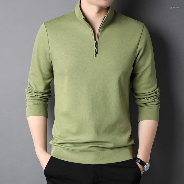 Camisetas masculinas Man Stand Stand Collar Manga longa T-shirt Zipper casual Green Rosa Polo Branco Meninos Longos de tamanho grande 4xl Officewear