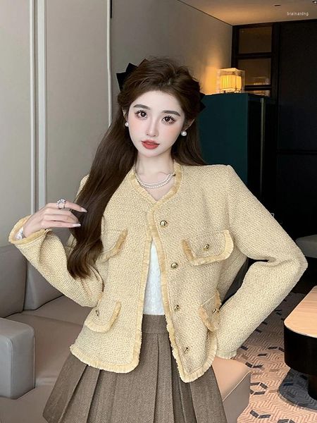 Damenjacken Frankreich Elegante kleine duftende Frauen Tweed Jacke Mantel Herbst Winter Goldene Einreiher Webtaschen Kurze Oberbekleidung Top