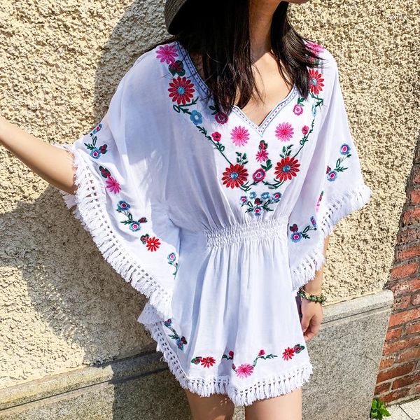 Camicette da donna Camicia etnica 2023 Mori Ragazze Autunno Primavera Bohemian Hippie Manica a pipistrello Scollo a V Blu Camicetta con ricamo bianco Blusa Retro