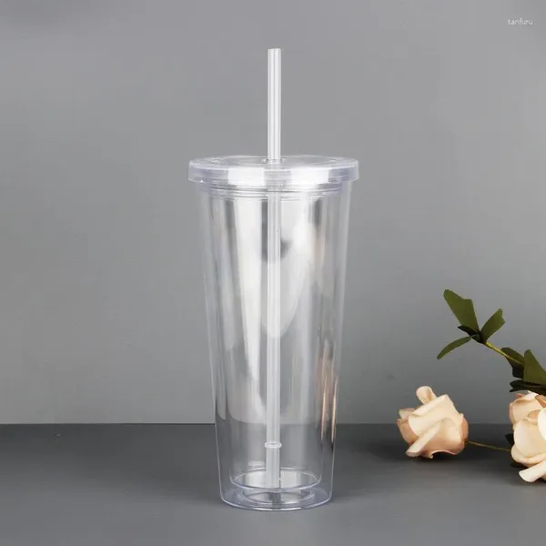 Tumblers 1pcs 350/450/650ml çift wallidence plastikleştirilmiş bardak soğuk içecek seyahat kupa kahve suyu çay bardağı saman yeniden kullanılabilir smoothie ile