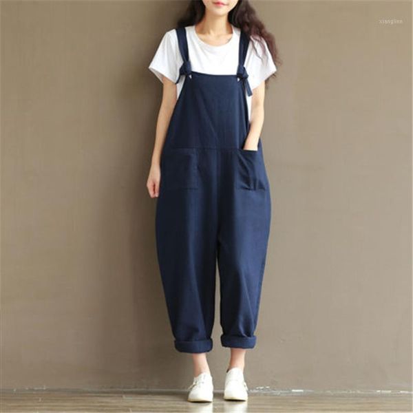 Damen -Jumpsuits ROMPERS Casual Cotton Leinen Frauen in voller Länge lockerer Plus -Größe Herbst Schwarz Blau Kaffeegurt Tasche ROMPERS1