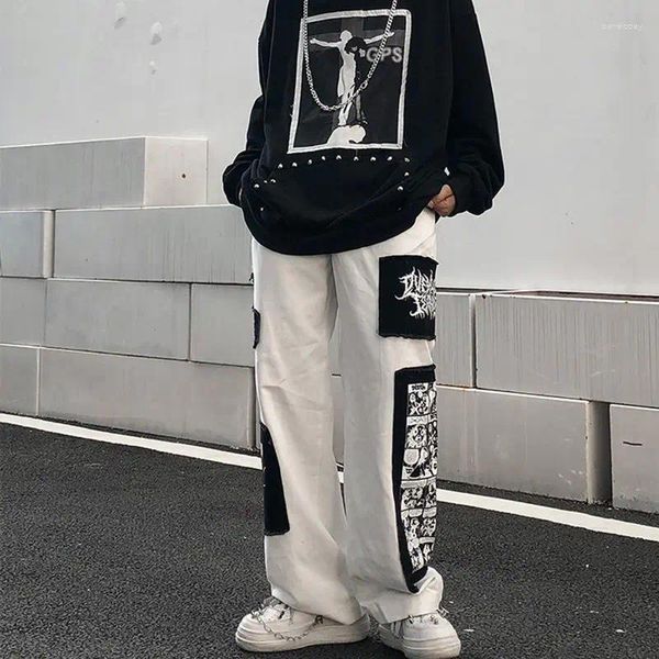 Calças masculinas Arens Y2K perna larga preto carga calças masculino hip hop branco casual harajuku gótico japonês streetwear retalhos 5xl