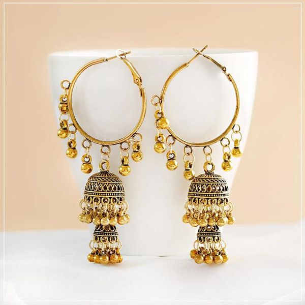 Baumelnde Ohrringe Vintage Gypsy Goldfarbe Hoop für Frauen Großer Kreis Runde Laterne Quaste Ethnischer langer Hochzeitsschmuck Bijoux