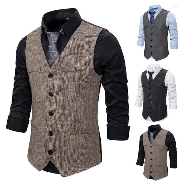 Coletes masculinos homens terno café v pescoço herringbone tweed retro magro negócio formal para banquete de casamento colete de trabalho