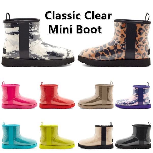 Klassische durchsichtige Mini-Stiefel für Damen, Knöchel-Schneestiefel, wasserfest, für den Winter, Pelz, Leopardenmuster, Khaki, Schwarz, Rot, Blau, Gelb, Lila, Fuchsia, warm haltende Plateau-Stiefeletten für Damen