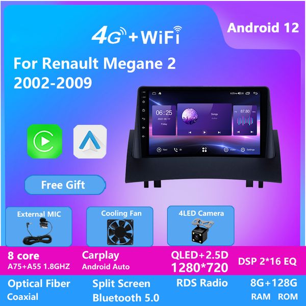 Android 12 8-Core-Auto-Video-DVD-Player für Renault MEGANE 2 GPS-Navigationsunterhaltungssystem mit Bluetooth Wifi