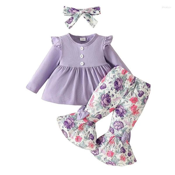 Set di abbigliamento Vestiti per neonate Abiti a maniche lunghe con stecche Top Pantaloni a campana con fiori Fascia per capelli 3 pezzi Vestito per neonati 6-24 mesi 2-3 anni