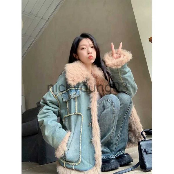 Damenjacken Sweet Hot Girl Plüsch-Patchwork-Denim-Baumwolljacke für Frauen im Herbst, locker sitzende, mittellange, verdickte Plüsch-Baumwolljacke J231113