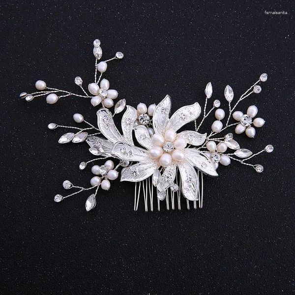 Fermagli per capelli Floralbride Fatti a mano Strass cablati Cristallo Perle d'acqua dolce Fiore Pettine da sposa Accessori per capelli da sposa