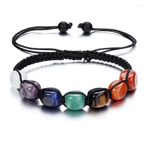 Strang Handgefertigtes Fadenseil Umwickeltes geflochtenes Makramee-Armband Natürliches 7-Chakra-Kristall-Armband mit unregelmäßiger Form und poliertem Trommelstein