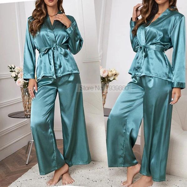 Mulheres sleepwear verão rayon loungewear v-pescoço dois pijamas terno cintura elástica com cinto mulheres casuais camisas definir roupas de casa