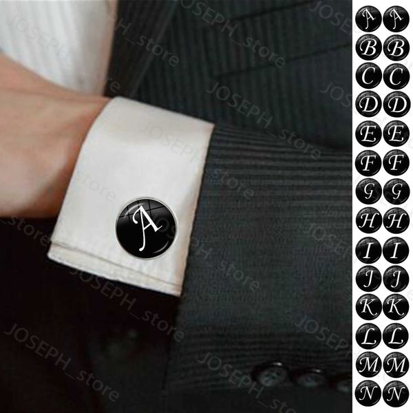 Cuff Links Moda masculina A-Z Alfabeto BUSHLINKS Silver Color Glass Dome Letter Button para Male Gentleman Shirt Wedding Links Gift J230413