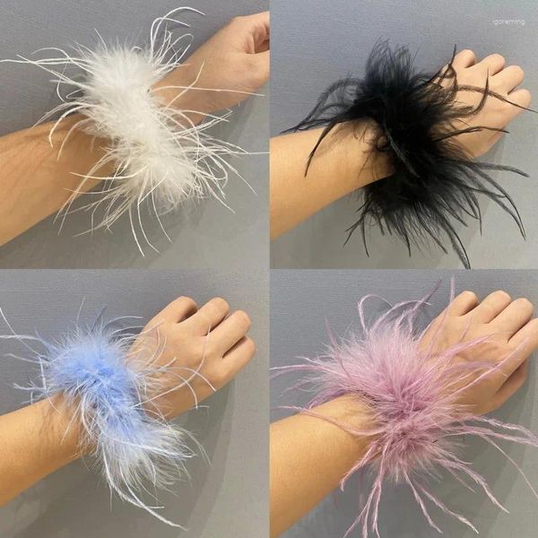Bangle luxo penas de avestruz punhos para mulheres braço mais quente pele macia pulso feminino pulseiras acessórios