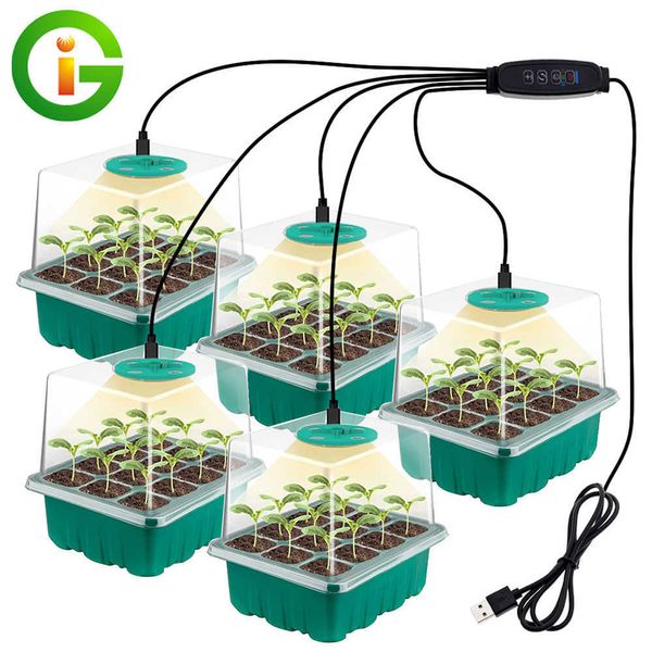 Grow Lights 5 Stück Pflanzensamen-Starter-Tabletts mit Grow Light 12 Löcher pro Tablett Kinderzimmer-Töpfe Lichter für Heimpflanzen-Gewächshaus-Wachstumstabletts P230413