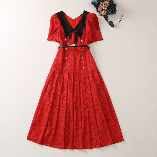 2023 Summer Red Hearts Print Belted Dress Short Sleeve V-Neck Paneled Midi Casual Dresses A3A101527