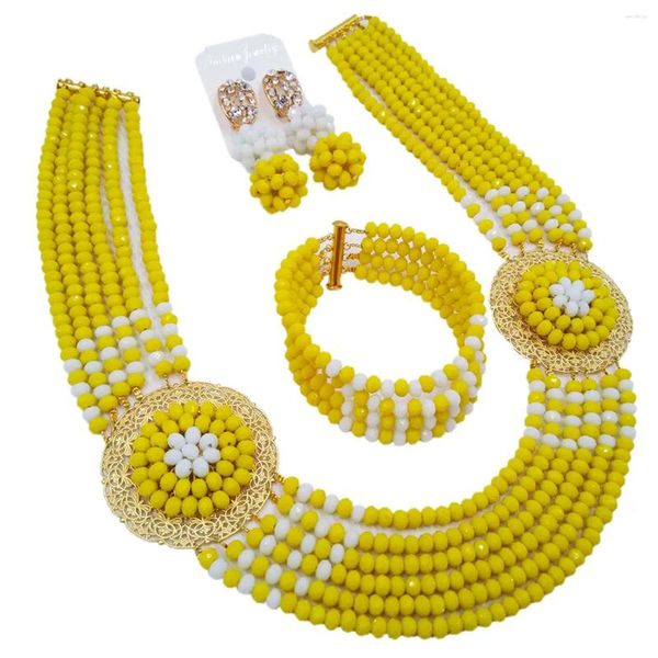 Collana orecchini set opaco giallo bianco perline africane gioielli sposa di cristallo