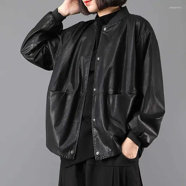 Jaquetas femininas Superaen jaqueta de couro 2023 outono e inverno oversize casaco preto mulheres