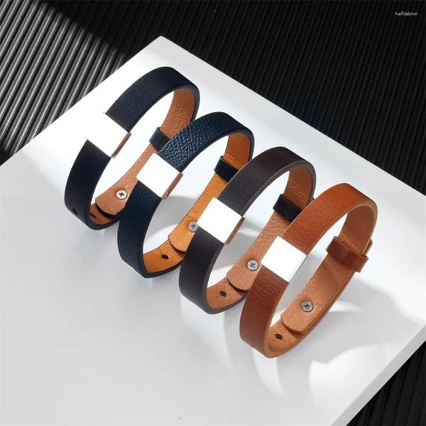 Bangle pulseiras de couro genuíno para homens e mulheres simples aço inoxidável gossy gravável couro atacado