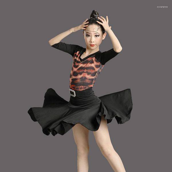 Stage Wear Black Leopard Girls Abito latino Gonna a coda di pesce Costume Salsa Tango Rumba Ballo da sala Set carino Abbigliamento da ballo per bambini