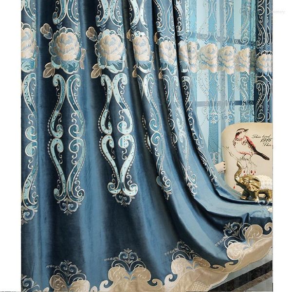 Vorhang Blau Gestickte Bedruckte Chenille-Vorhänge Für Schlafzimmer Wohnzimmer Luxus Europäische Moderne Fenster Verdunkelung Tüll