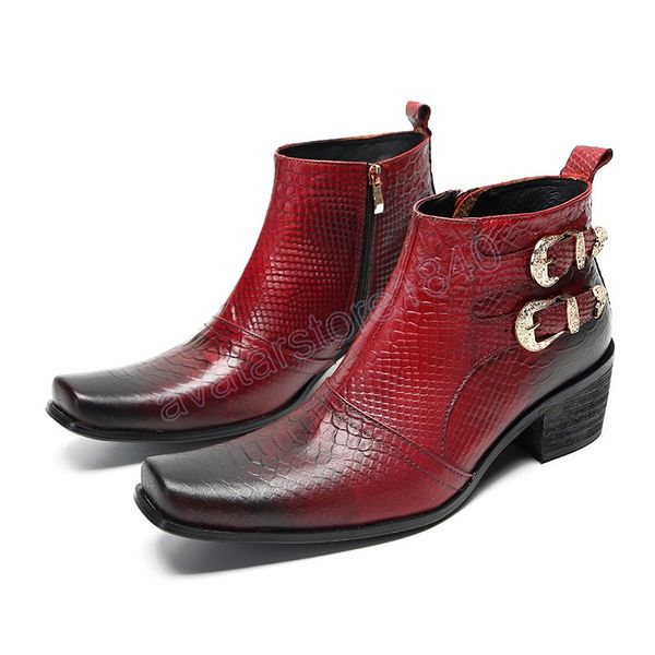 Sapatos masculinos formais de dedo quadrado tamanho grande vermelho couro genuíno botas para homens motocicleta fivela tornozelo botas