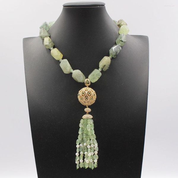 Подвесные ожерелья Guaiguai Jewelry Natural Green Prehnite Quartz с громким грубым ожерельем Cz Paved Ball Connetor Pearl