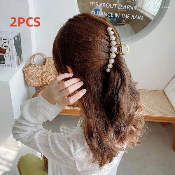 Grampos de cabelo 2 peças conjunto de garra de pérola clipe para mulheres cor dourada grampos de cabelo acessórios de metal geométrico oco pinça barrette cristal