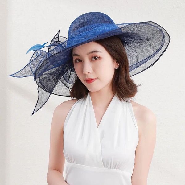 Beralar Moda İplik Desen Tasarımı Fedoras Tüy Takı Büyük Brim Yay Güneş Şapkası Zarif Zarif Zarif Düğün Gelin Toptan