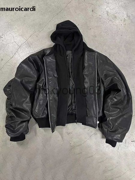 Jaquetas masculinas Mauroicardi Outono Inverno Oversized Cool Preto Espessado Quente Pu Couro Bomber Jaqueta Homens Capuz Designer de Luxo Falso 2 Roupas J231113